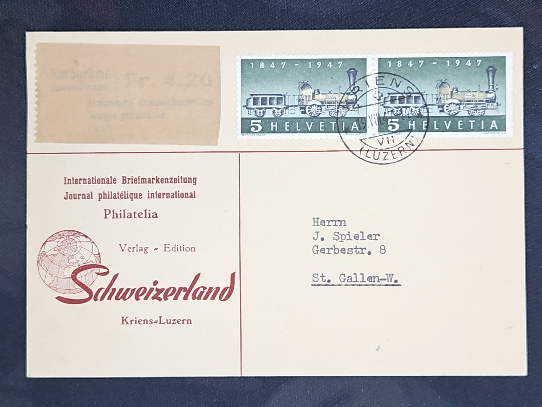 Tutti i francobolli: CL23 Carte Postale + Timbre Suisse 1947 – Usato da Cousset venduto da Patrick_Collections