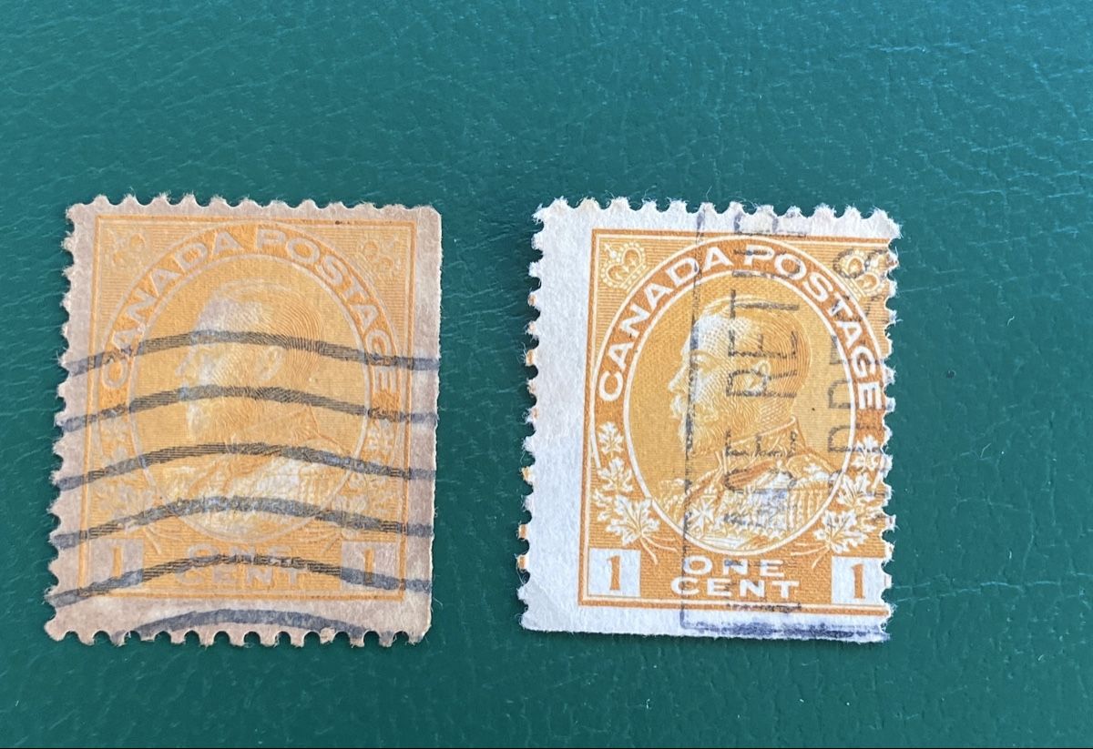 Tutti i francobolli: 2 timbres Canada 1 cent, King George V, colleurs différentes – Usato da Collex venduto da RCXGJ