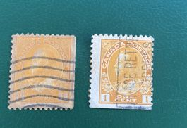 2 timbres Canada 1 cent, King George V, colleurs différentes