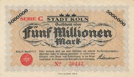 Köln 5 Mil.Mark 15.08.1923 Serie C WZ Wellen VZ+-VZ++KN5stel