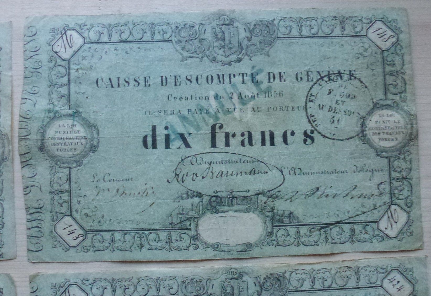 Banconote: Geneve ++ Lot 4x 10 Franken 1856 – Usato da Walkringen venduto da Casablanca777 2