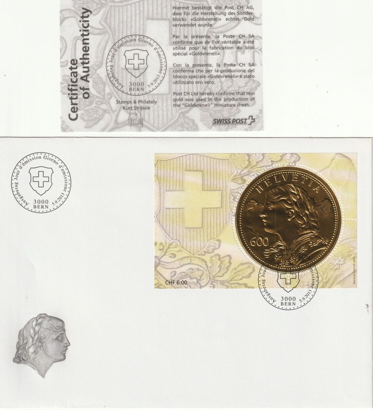 Tutti i francobolli: 2 x Sonderblock "Goldveneli", auf FDC und Geschenkfolder – Usato da Turgi venduto da Mato8 2