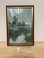 Gemälde Landschaft mit Bach und Haus, gerahmt, ca. 20x30 cm