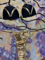 Chic Bikini costume da bagno oro nero con strisce M/L