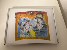 Gemälde Clowns gerahmt 21x15cm Unikat guter Zustand