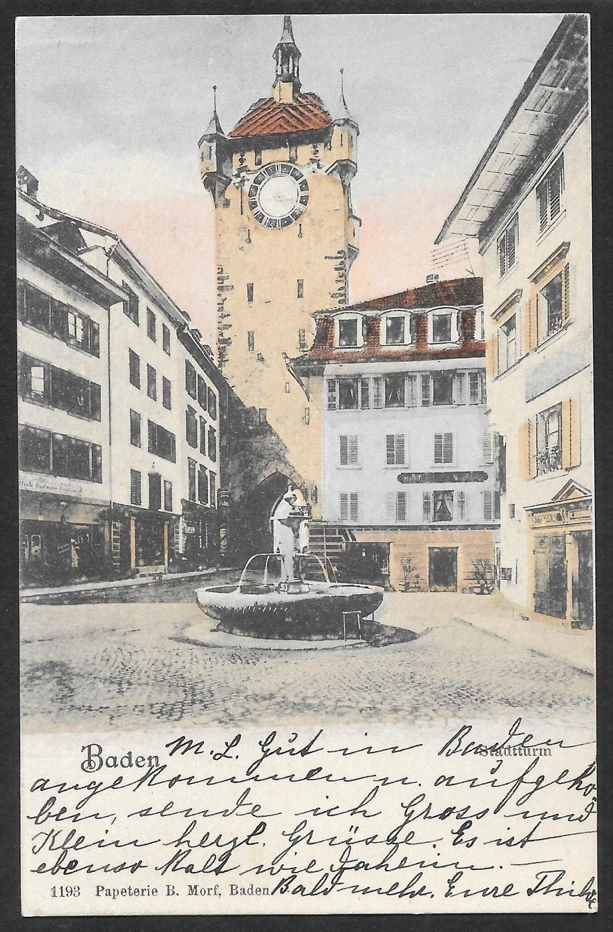 Ansichtskarten: Baden colorierte Teilansicht mit Stadtturm – Gebraucht aus Olten von clotaldi
