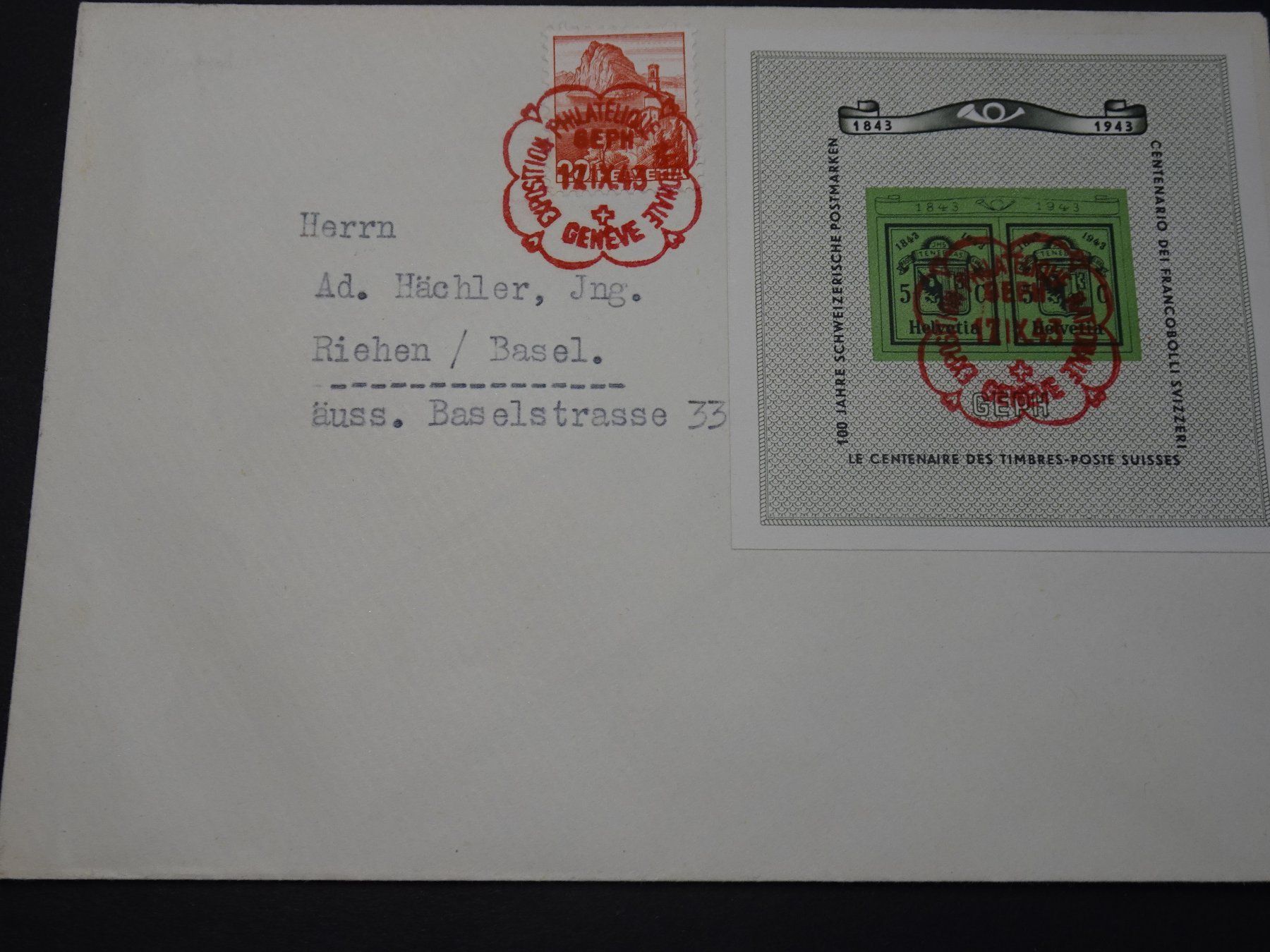 Tous les timbres: 17.IX.43. FDC GENFER BLOCK MIT SAN SALVATORE, EXTRASTEMPFEL – D'occasion à Eschenbach SG par eDaisy