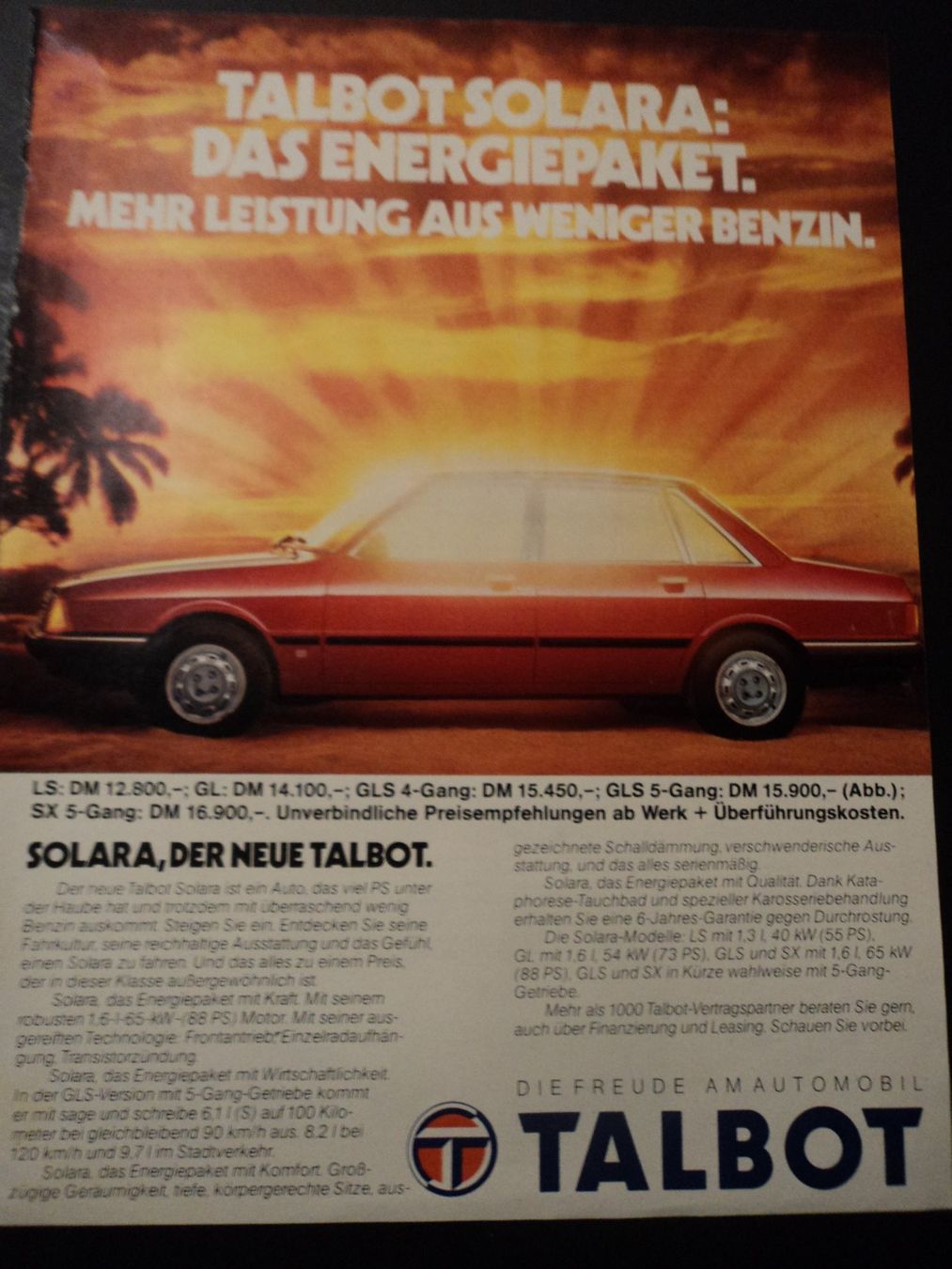 Talbot Documenti: Prospekt Werbung Talbot Solara 1977 – Usato da Schwarzenburg venduto da modelCARama