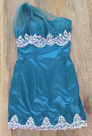 Abendkleid petrol Grösse 36 Pailletten Tüll Asymmetrisch