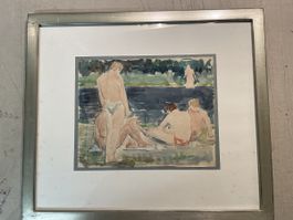 Aquarell Badende am Rhein 1914 