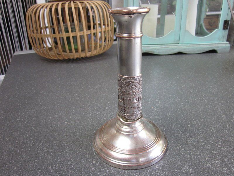Portacandele: Antiker Kerzenhalter Kupfer mit Reliefsäule versilbert – Usato da Bischofszell venduto da raika 6