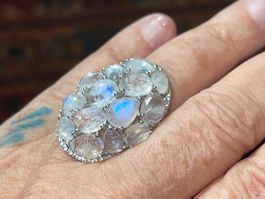 Moonstone & Cambodian Zircons SS925 14k WG Vermeil Ring