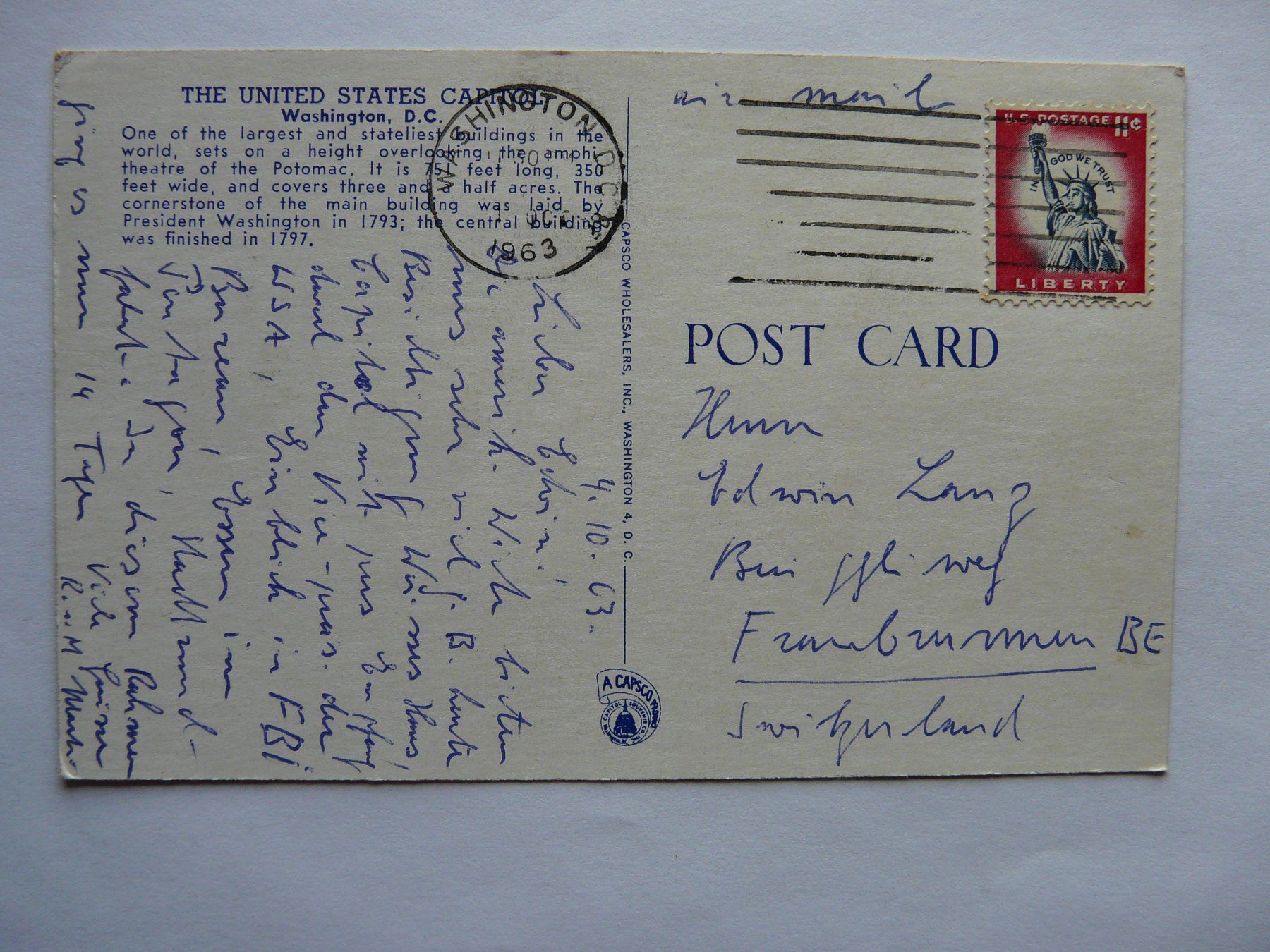 Cartoline postali: A.K. Washington D.C. 1963 ; Gebraucht – Usato da Grossaffoltern venduto da Prinzessin57 1