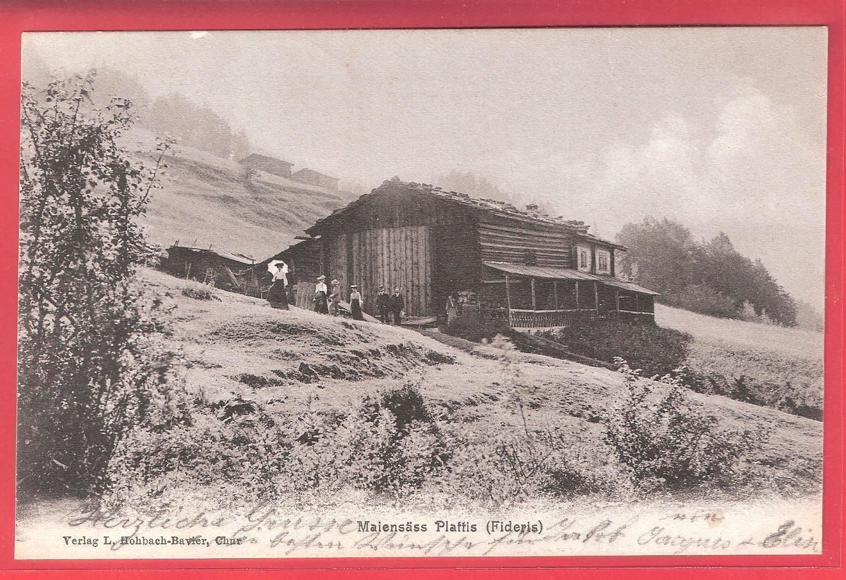 Ansichtskarten: 24.7.1908 Bündner Fideris Maiesäss Plattis belebt – Gebraucht aus Zürich von Hagliweg 1