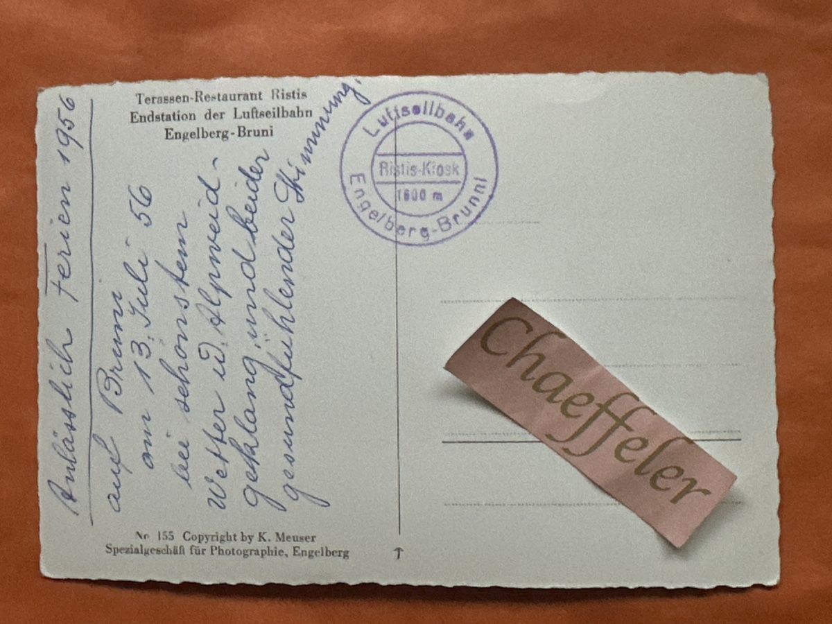 Cartoline postali: Terrasse-Rest. Ristis, Endstation der Luftseilbahn Engelberg – Usato da Zürich venduto da Chaeffeler 1