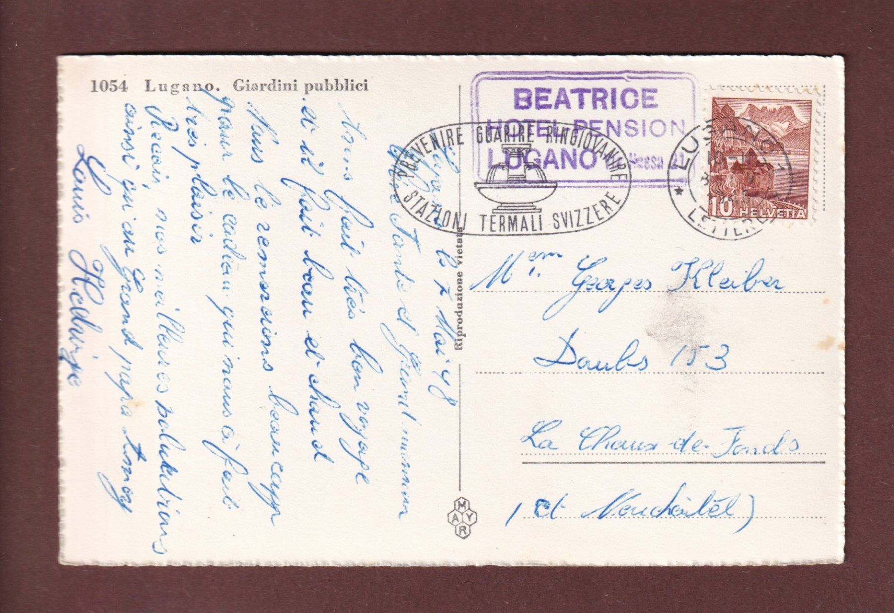 Cartoline postali: LUGANO - Giardini pubblici - 1948 – Usato da Pully venduto da nicecards 1
