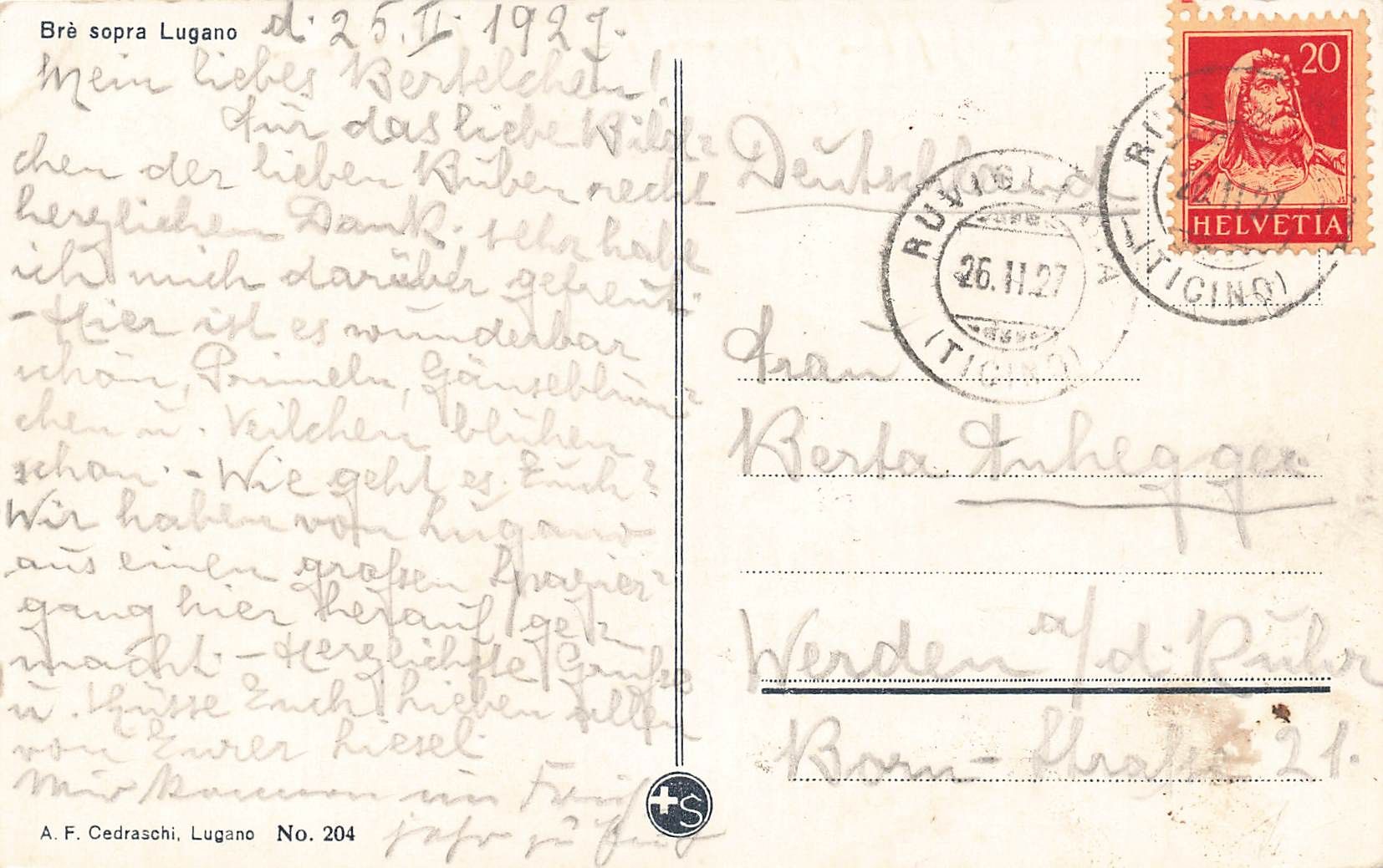 Cartoline postali: Bre sopra Lugano – Usato da Biasca venduto da Blenio71 1