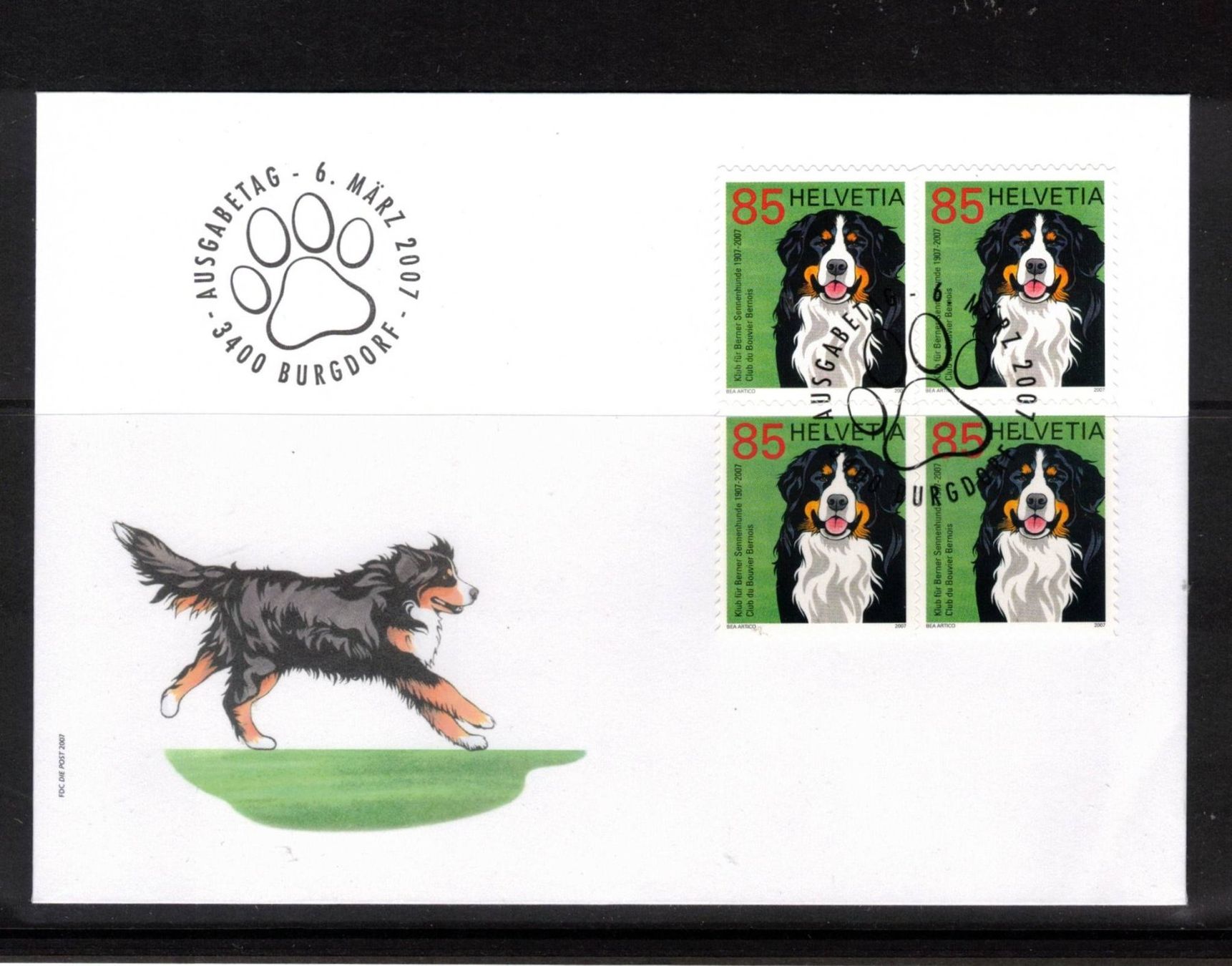 Tous les timbres: 2007 FDC 4er Berner Sennenhund  aus ABO – D'occasion à Rheinau par loxis