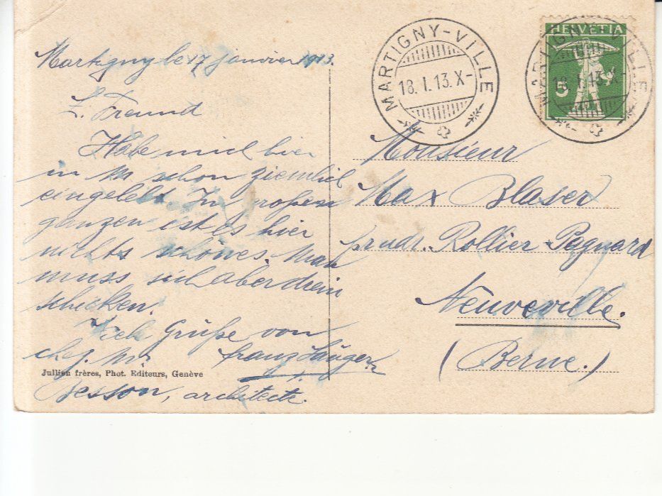 Cartoline postali: Martigny La Batiaz 1913 – Usato da Bürglen TG venduto da StampGraf 1