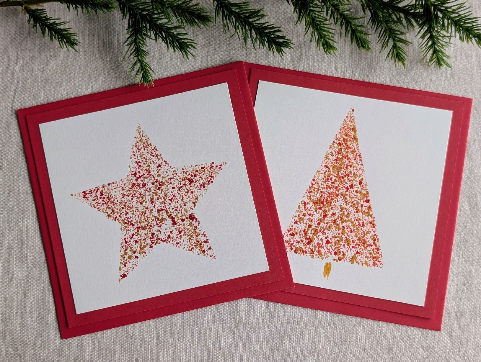 Cartoline: 2er Set Weihnachtskarten Handbemalt Gold Stern & Tannenbaum – Nuovo e nell'imballaggio originale da Winterthur venduto da LaVieColor