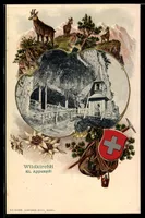 Lithographie Wildkirchli /AI, Kapelle in Felsgrotte mit Holz