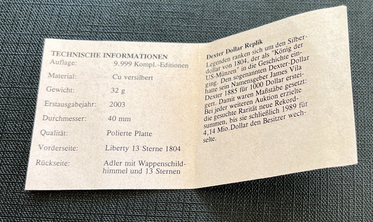 Tutti le monete: Dexter Dollar Replik Nummer: 08339 von 9999 – Nuovo e nell'imballaggio originale da Emmenbrücke venduto da inf_9dkq 3