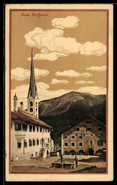 Cartoline postali: Zuoz, Ortspartie, Brunnenplatz mit Kirch – Usato da Berlin venduto da bartko-reher
