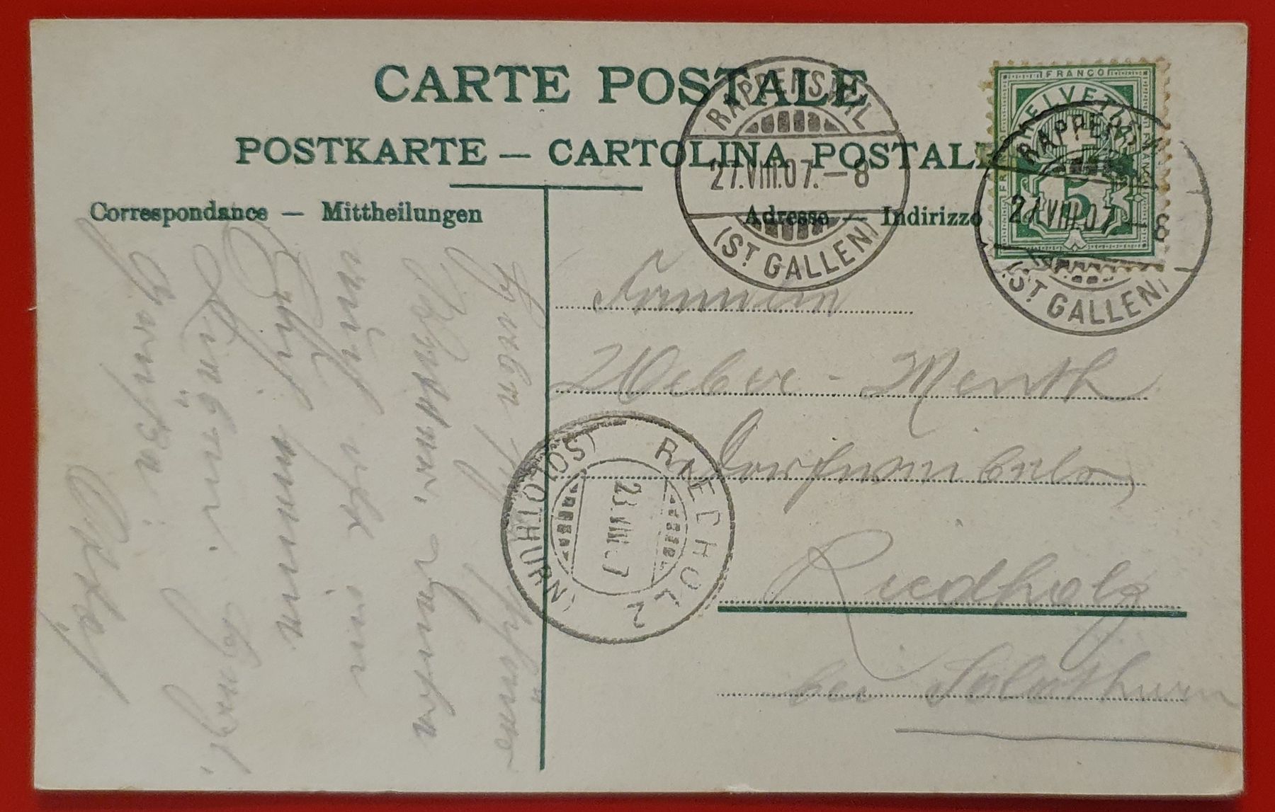 Cartoline postali: Rapperswil 1907 – Usato da Kreuzlingen venduto da Rschweiz1 1