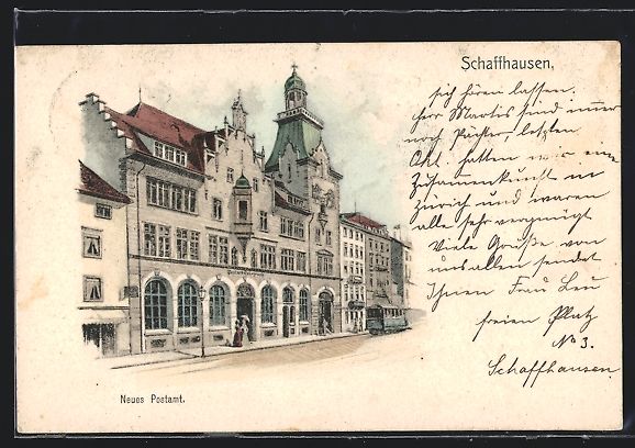 Cartoline postali: Schaffhausen, Neues Postamt mit Strassen – Usato da Berlin venduto da bartko-reher