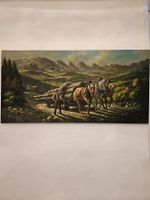 Altes Panoramaölgemälde, Holzfäller & Pferde vor Bergkulisse