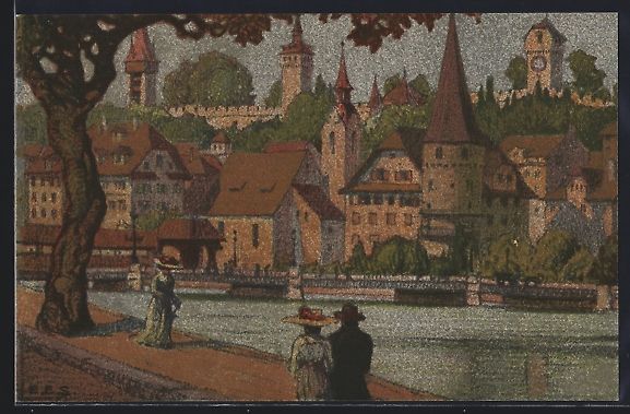 Cartoline postali: Ernst E.Schlatter: Luzern, Musegg vom Ba – Usato da Berlin venduto da bartko-reher