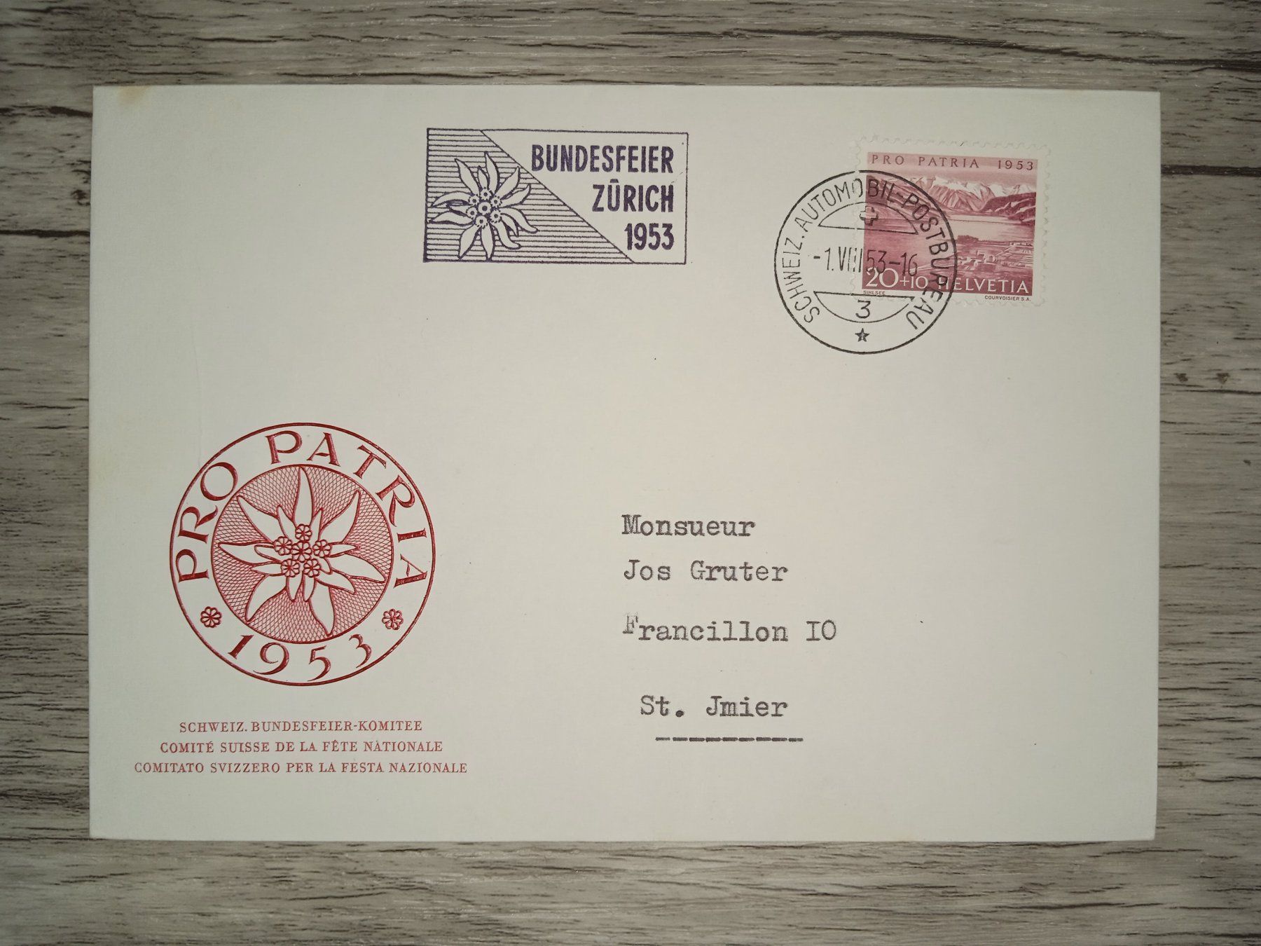 Tutti i francobolli: TR16 Enveloppe  + Timbre Suisse 1953 – Usato da Cousset venduto da Patrick_Collections