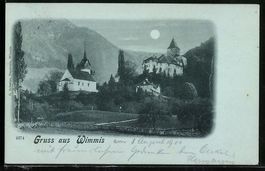 Mondschein-AK Wimmis, Ortsansicht mit Ki