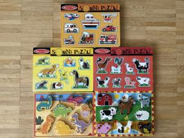 3 Melissa & Doug wood Sound Puzzles and 1 dino+ 1 farm puzzl