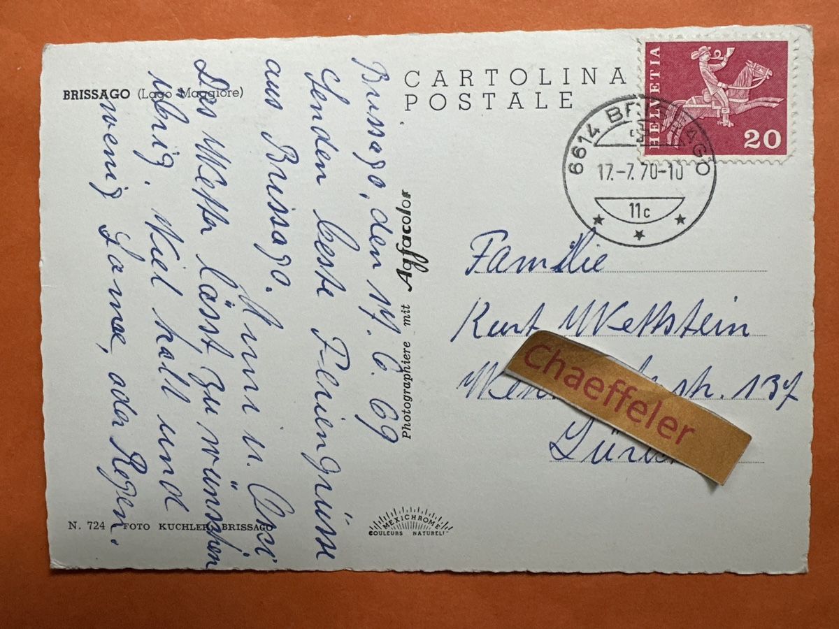 Cartoline postali: Brissago Lago Maggiore 1970 – Usato da Zürich venduto da Chaeffeler 1