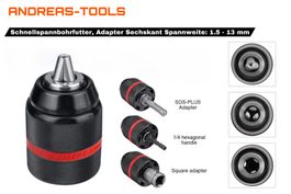 Schnellspannbohrfutter, Adapter Sechskant Spannweite 1,5 -13