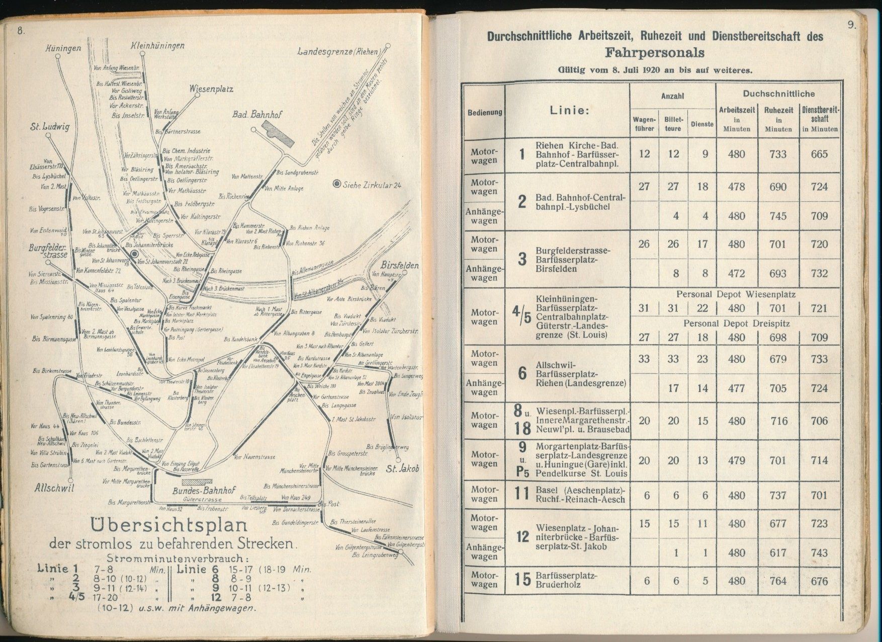 Sonstiges zum Sammeln & Seltenes: Bahn Tram Basel Basler Strassenbahn BStB Dienstfahrplan 1920 – Gebraucht aus Felben-Wellhausen von  3