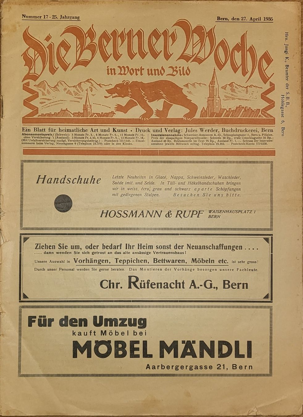 Riviste & Magazine: Zeitung Berner Woche 1935 – Usato da Oberried am Brienzersee venduto da Vagabund