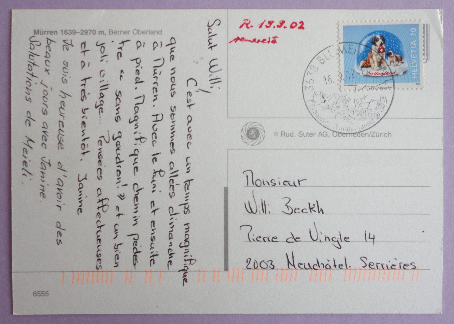 Cartoline postali: Mürren, B.O. – Usato da Fétigny venduto da Billy2miny 1