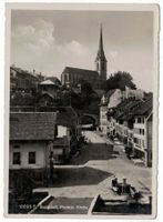 Burgdorf, Dorfplatz mit Brunnen, protest. Kirche um 1940