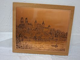 Reliefbild Kupfer 40cm x 30cm Schloss Szene auf Holz montier