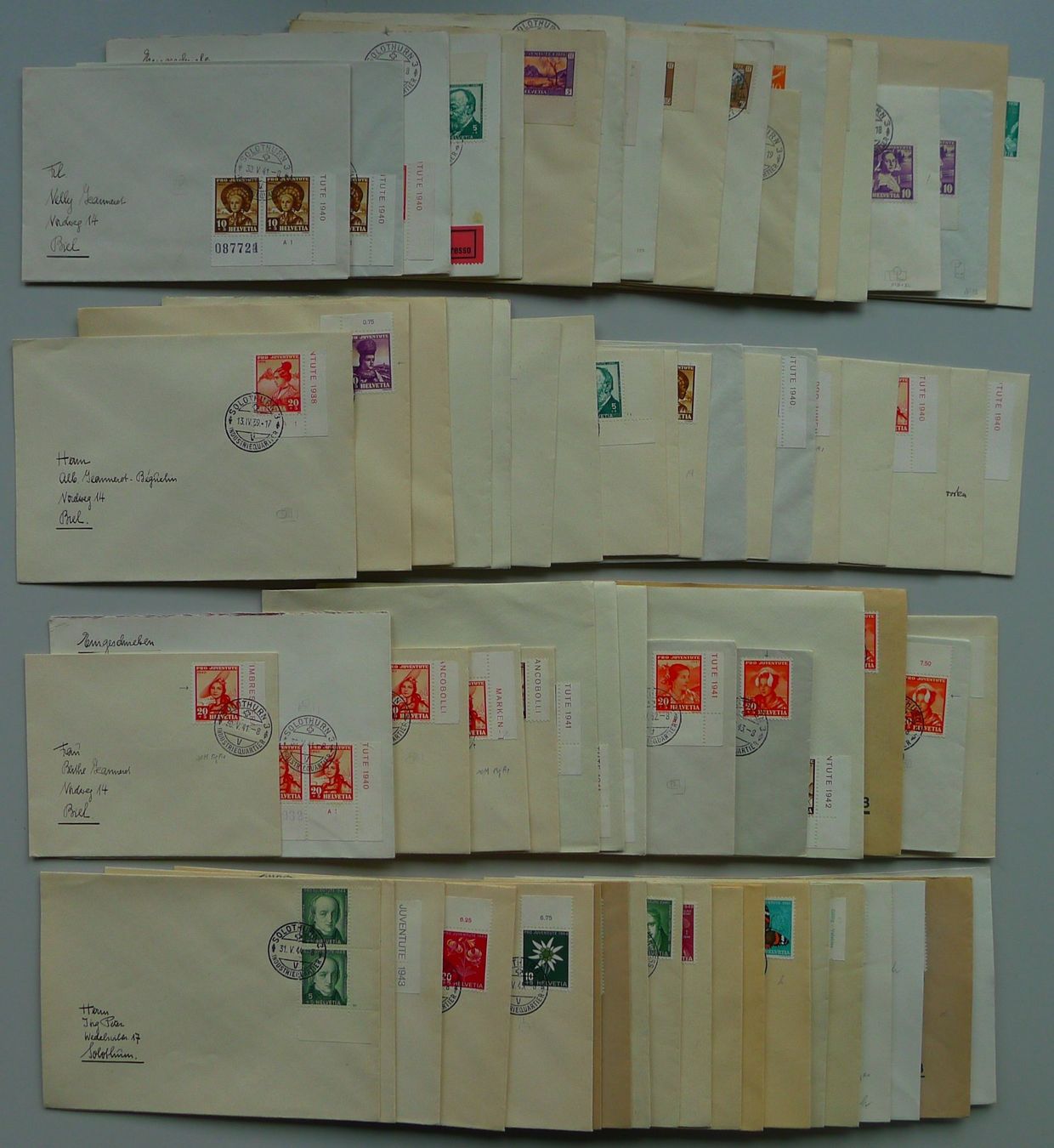Tous les timbres: 1930-1957, 72 Briefe Pro Juventute mit Abarten v. SOLOTHURN. – D'occasion à Sursee par Luzernerraute 1