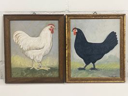Zwei Vintage-Hühnergemälde, Dekoration im Landhausstil