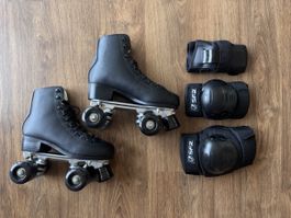 Rollschuhe mit Schutzausrüstung schwarz Grösse 36