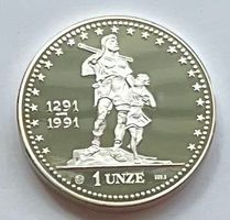 schöne 1 Silber-Unze (31,1 Gramm) Wilhelm Tell 1291 - 1991