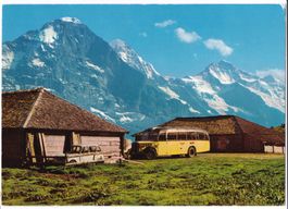 AK Postauto Grindelwald-Bussalp mit R5 vor E, M & JF, ~1968