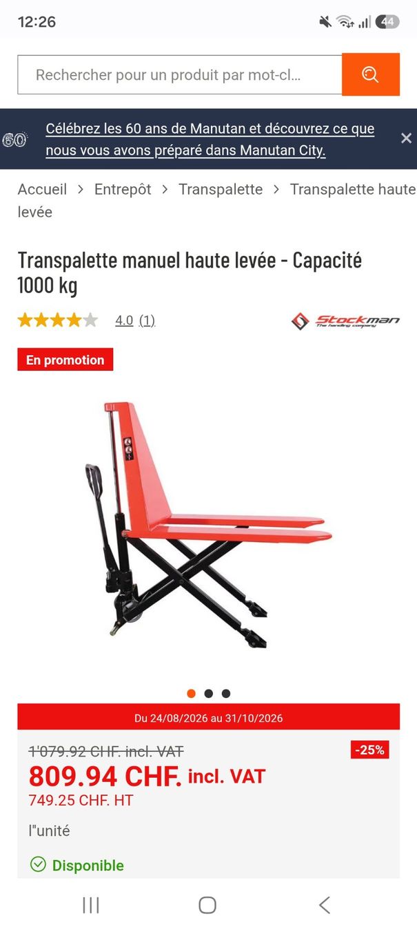 Caricatori: Transpalette manuel 1000 KG – Usato da Condémines (Nendaz venduto da Dr.Sub 4