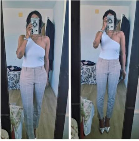 Envoi rapide! T 34 Cropped pantalon beige à carreaux blancs