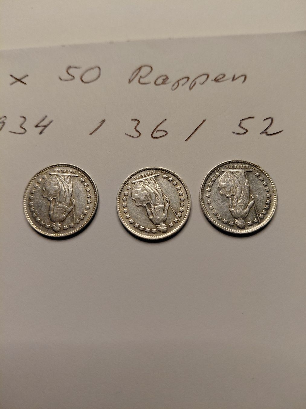 Toutes les monnaies: 3x 50 Rappen 1934, 1936, 1952  – D'occasion à Bonaduz par topolino052 3