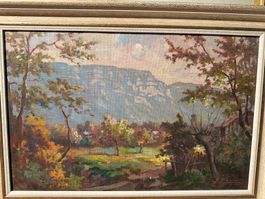 Framed Landscape Painting, Signed, Vintage Autumn View